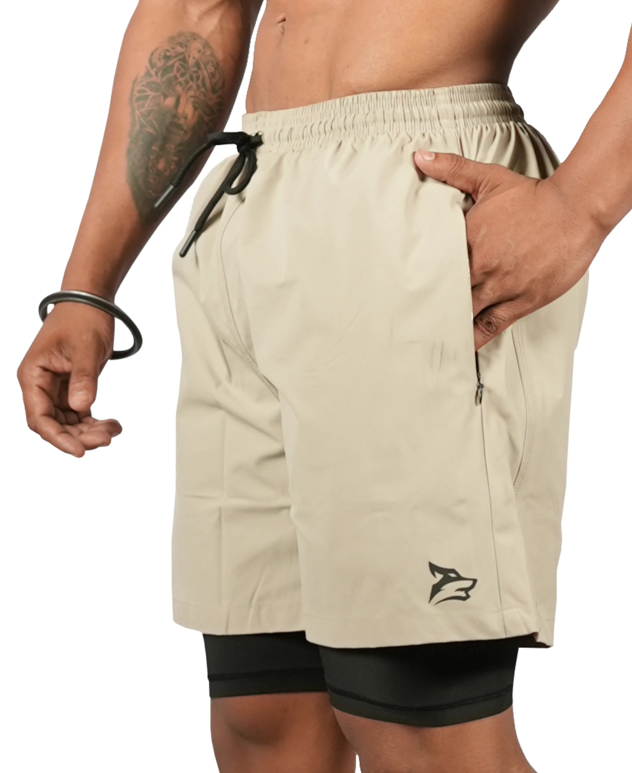 Men's 2 in 1 Running Shorts - Khaki